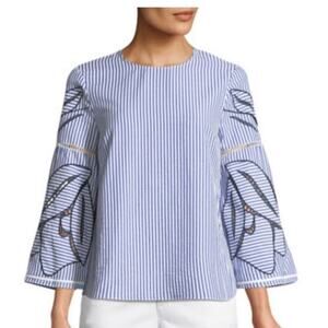 Tanya Taylor Women's Martine Blue White Striped Leaf Design Blouse Top Size 4